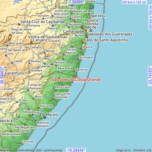 Topographic map of São José da Coroa Grande