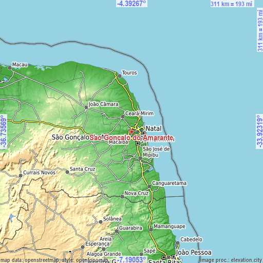 Topographic map of São Gonçalo do Amarante