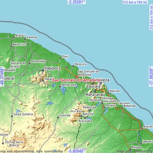 Topographic map of São Gonçalo do Amarante