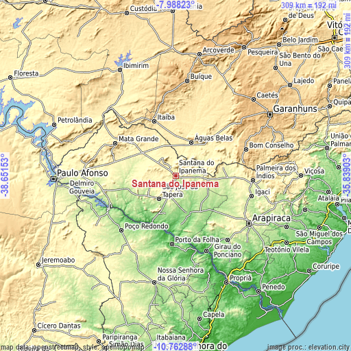 Topographic map of Santana do Ipanema