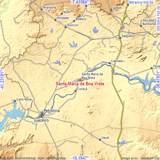 Topographic map of Santa Maria da Boa Vista