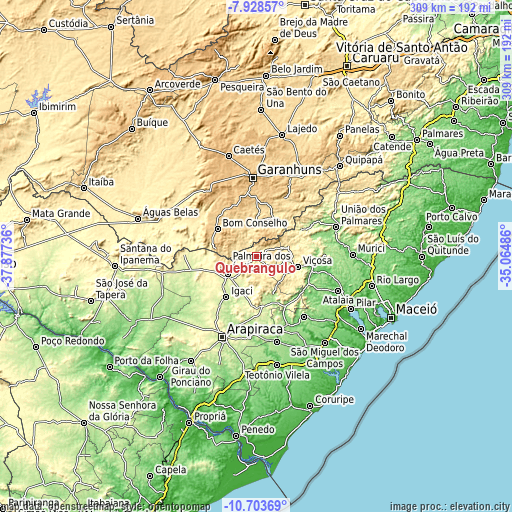 Topographic map of Quebrangulo