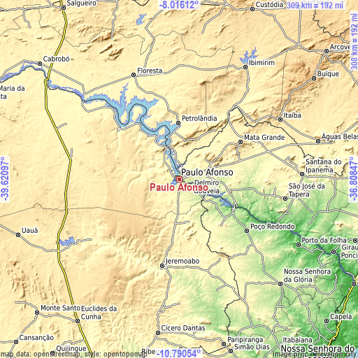 Topographic map of Paulo Afonso