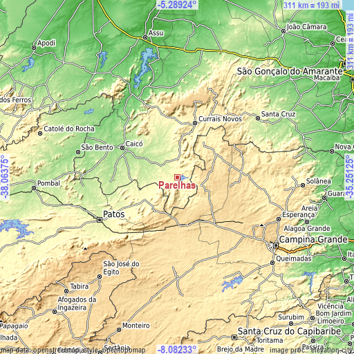 Topographic map of Parelhas