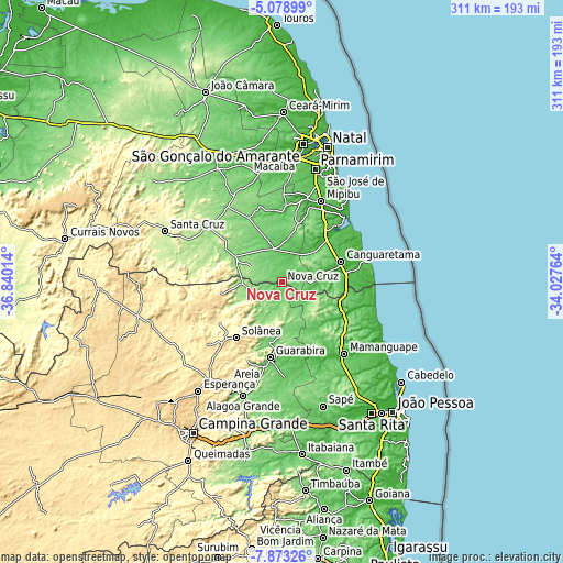 Topographic map of Nova Cruz