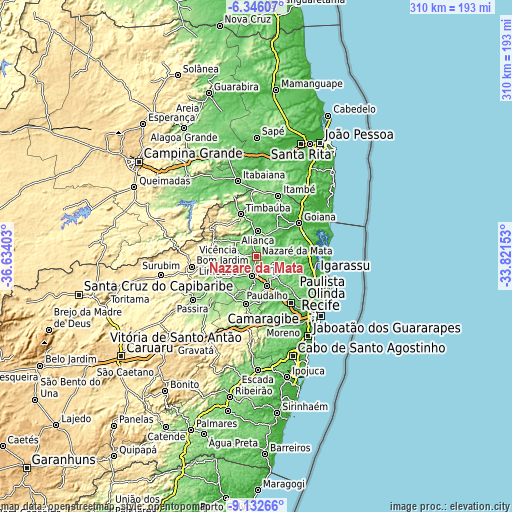 Topographic map of Nazaré da Mata