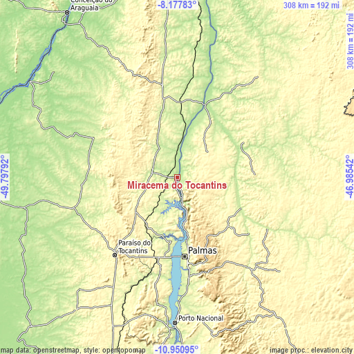 Topographic map of Miracema do Tocantins
