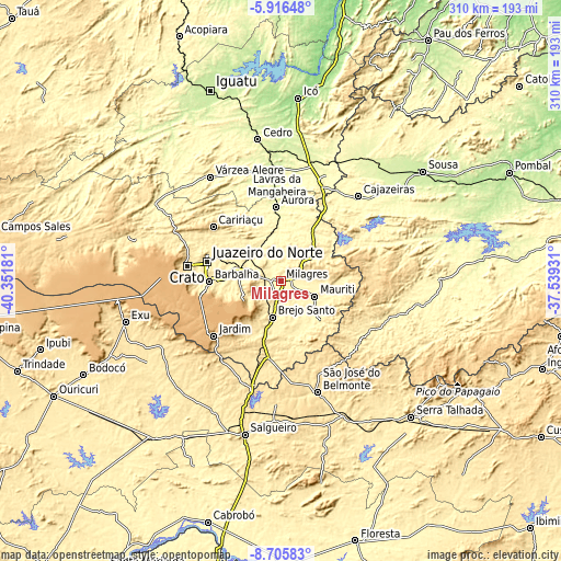 Topographic map of Milagres