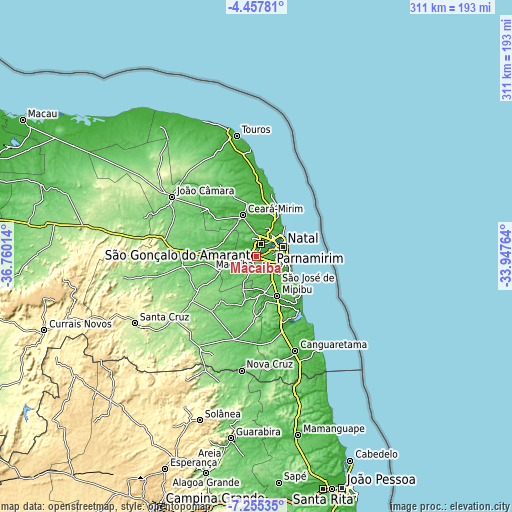 Topographic map of Macaíba