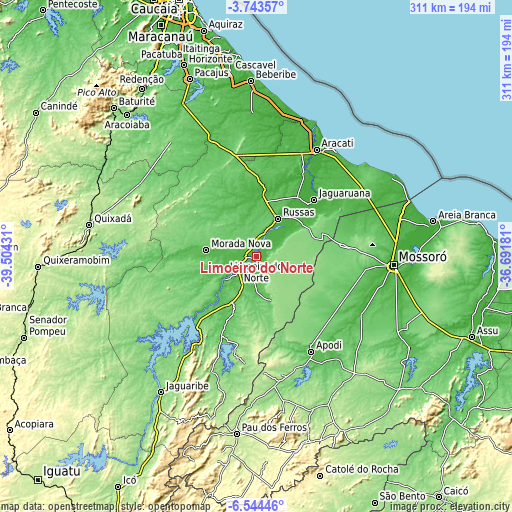 Topographic map of Limoeiro do Norte