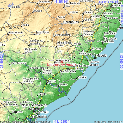 Topographic map of Limoeiro de Anadia
