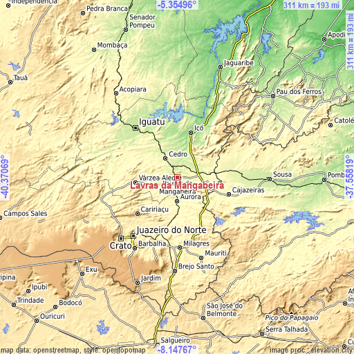 Topographic map of Lavras da Mangabeira