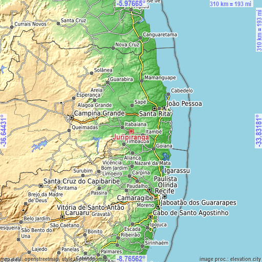 Topographic map of Juripiranga