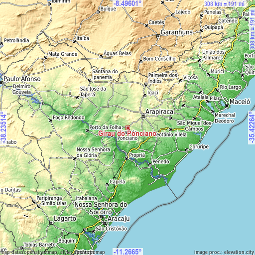 Topographic map of Girau do Ponciano