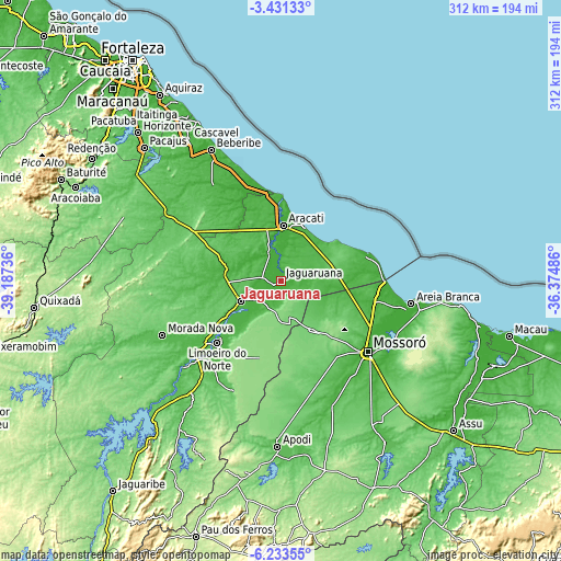 Topographic map of Jaguaruana