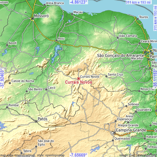 Topographic map of Currais Novos