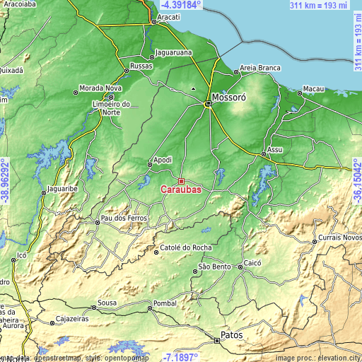 Topographic map of Caraúbas