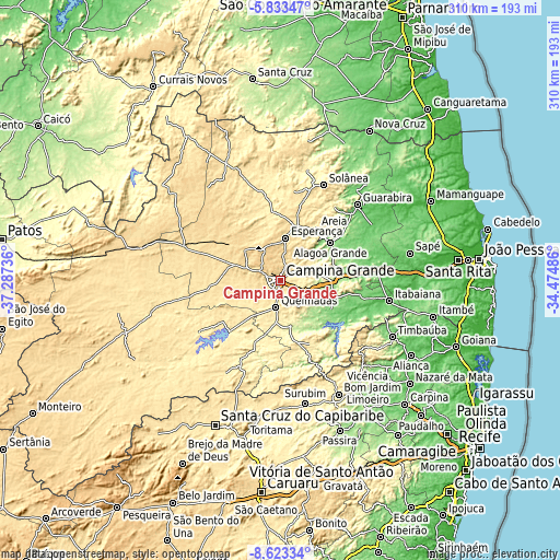 Topographic map of Campina Grande