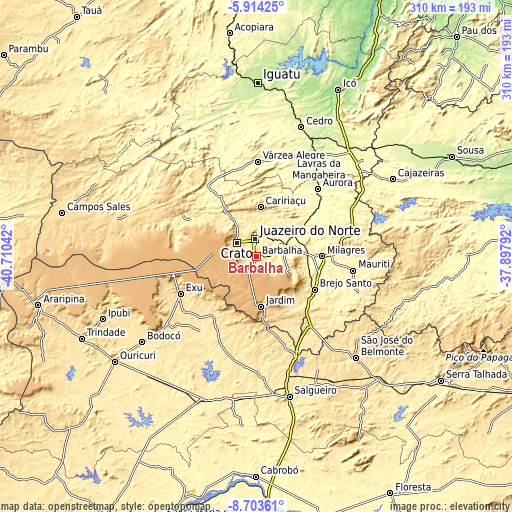 Topographic map of Barbalha