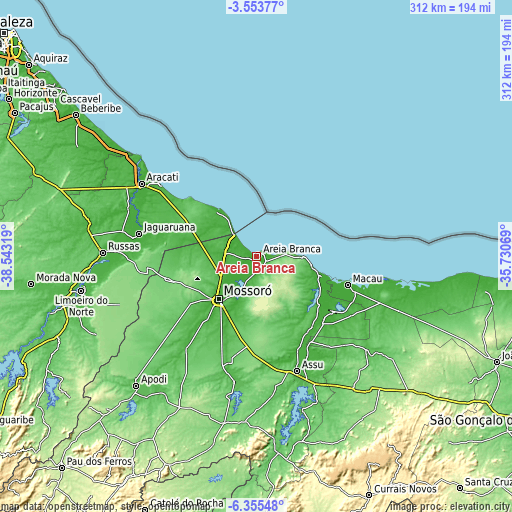 Topographic map of Areia Branca
