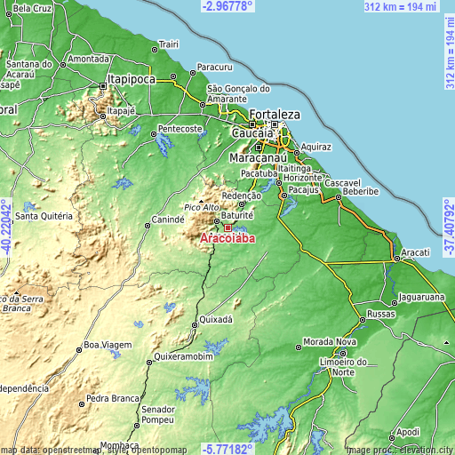 Topographic map of Aracoiaba