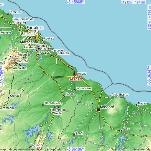 Topographic map of Aracati