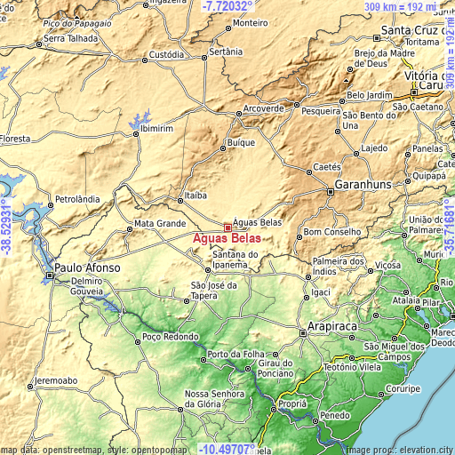 Topographic map of Águas Belas