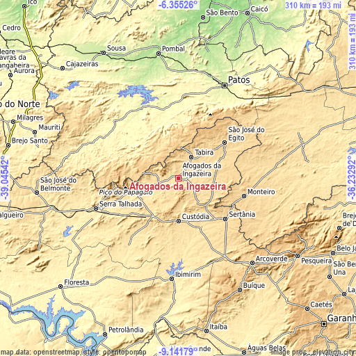 Topographic map of Afogados da Ingazeira