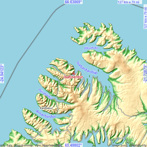 Topographic map of Ísafjörður
