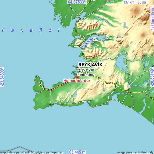Topographic map of Hafnarfjörður