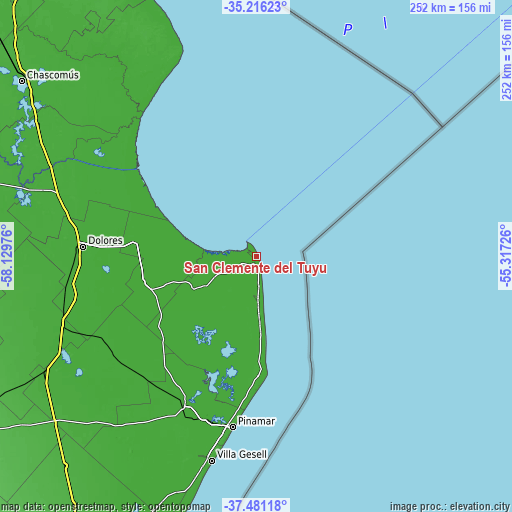 Topographic map of San Clemente del Tuyú