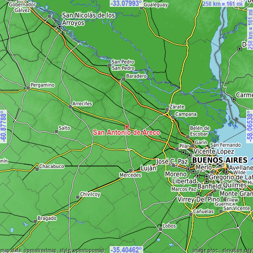 Topographic map of San Antonio de Areco