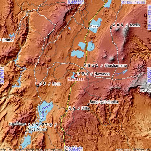 Topographic map of Hawassa