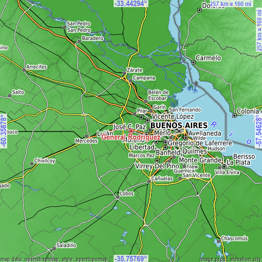 Topographic map of General Rodríguez