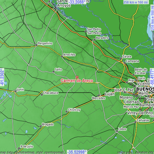 Topographic map of Carmen de Areco