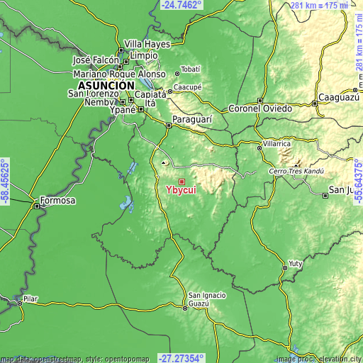 Topographic map of Ybycuí