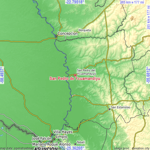 Topographic map of San Pedro de Ycuamandiyú