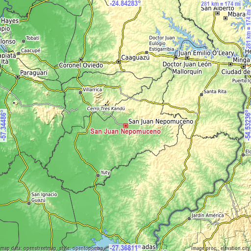 Topographic map of San Juan Nepomuceno