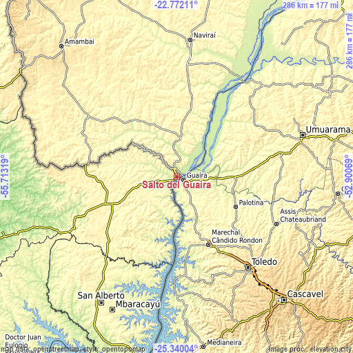 Topographic map of Salto del Guairá