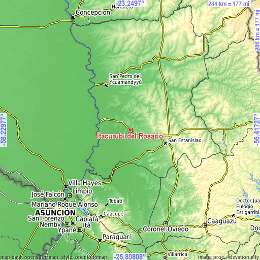 Topographic map of Itacurubí del Rosario