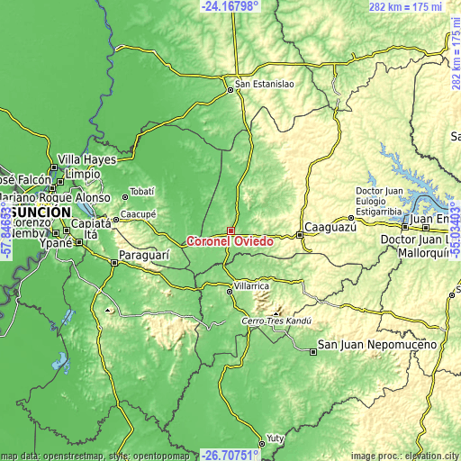 Topographic map of Coronel Oviedo