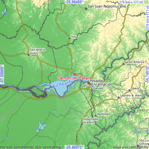 Topographic map of Carmen del Paraná