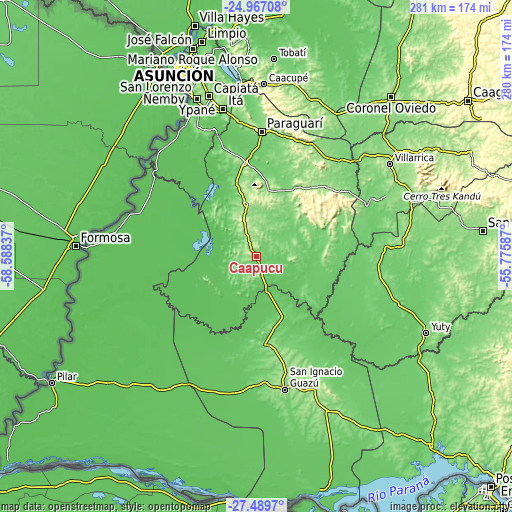 Topographic map of Caapucú
