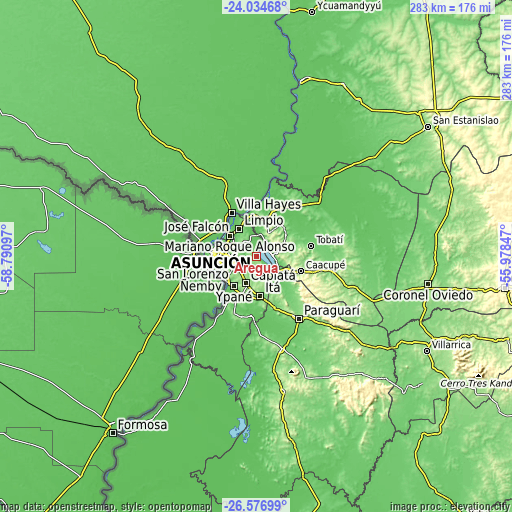 Topographic map of Areguá