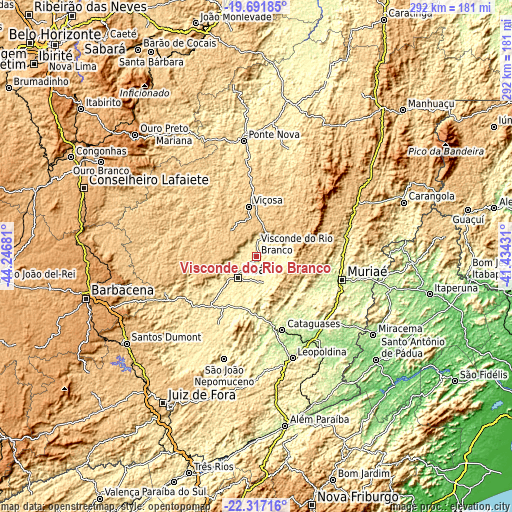 Topographic map of Visconde do Rio Branco