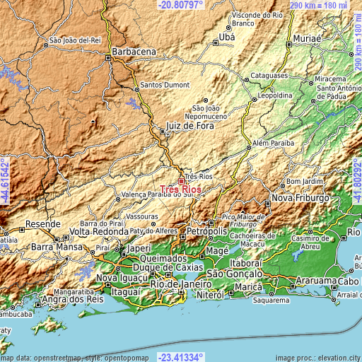 Topographic map of Três Rios