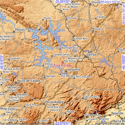 Topographic map of Três Pontas