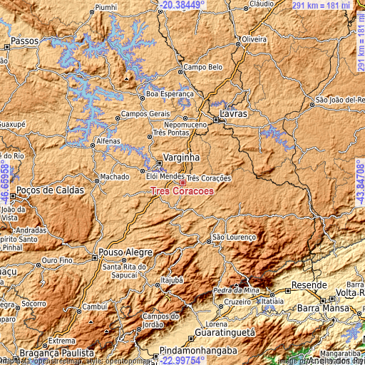 Topographic map of Três Corações