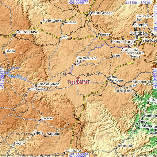 Topographic map of Três Barras