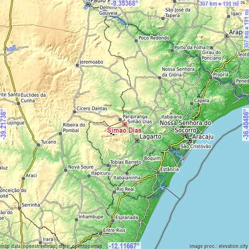 Topographic map of Simão Dias